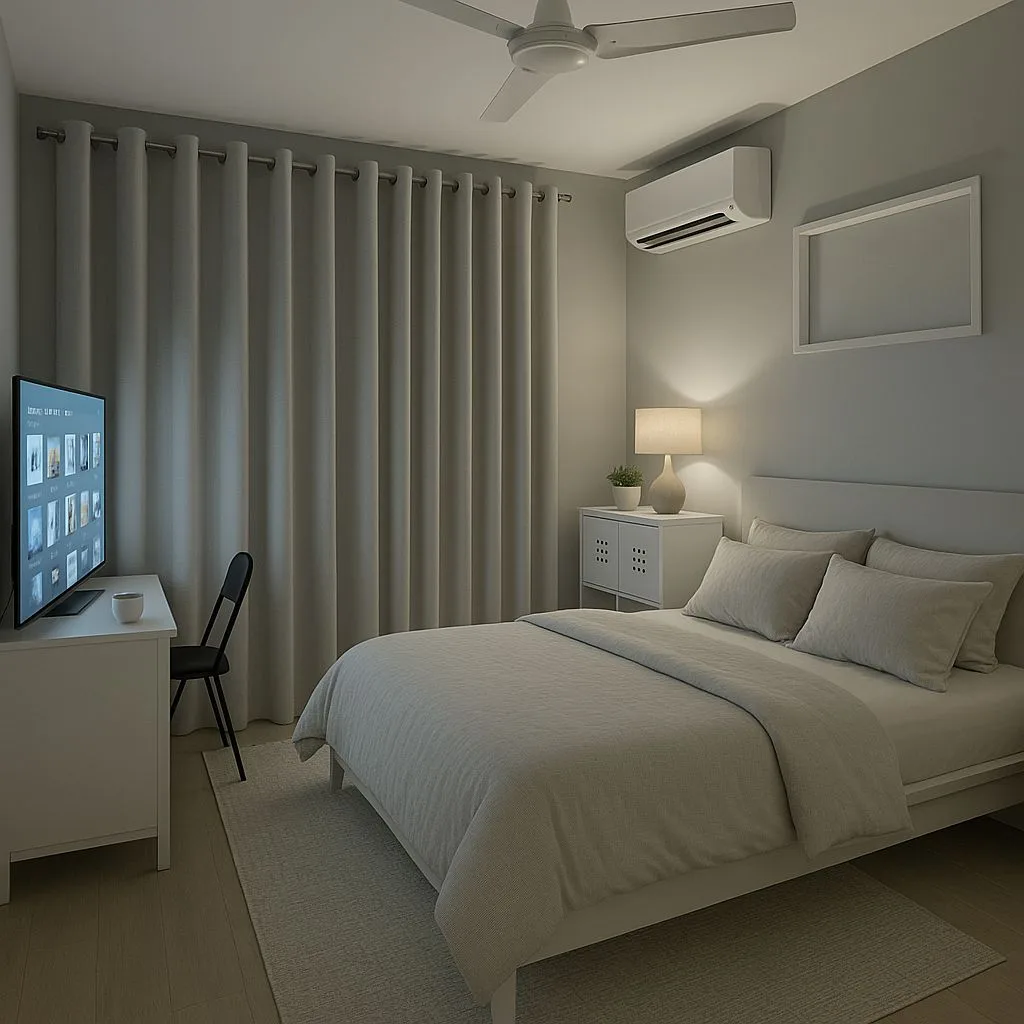 Minimalist bedroom with light gray walls, white linen bedding, light wood floors, gray blackout curtains, white nightstand, photorealistic interior design photography, 8k