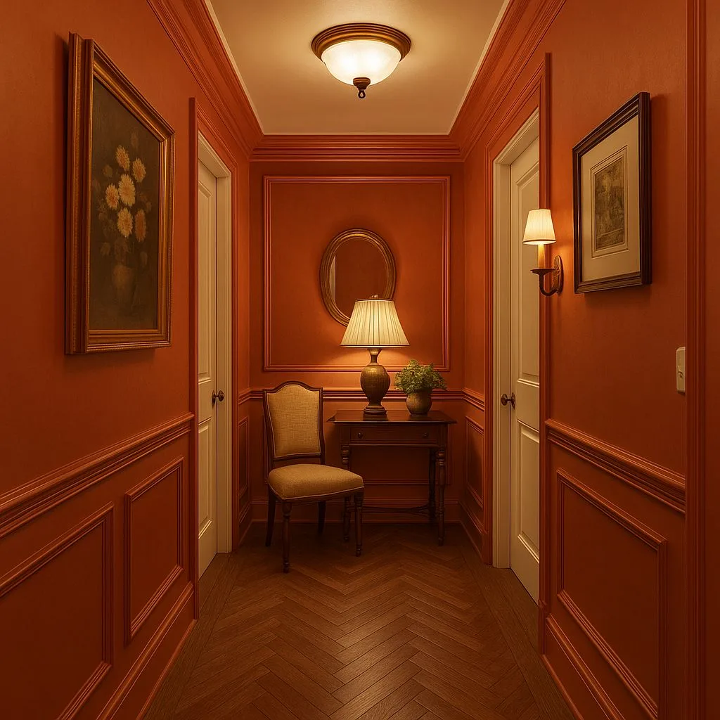Traditional terracotta hallway with herringbone wood floors, white trim, panel molding, antique paintings, console table, table lamp, photorealistic interior design photography, 8k