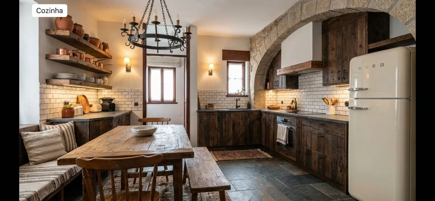 Rustic farmhouse kitchen with reclaimed wood cabinets, stone arch, subway tile, vintage cream refrigerator, wrought iron chandelier, photorealistic interior design photography, 8k