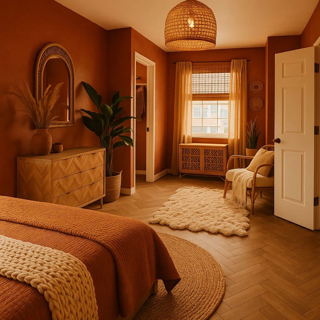 Bohemian bedroom with terracotta walls, herringbone wood floors, rattan pendant light, woven accent chair, jute rug, photorealistic interior design photography, 8k