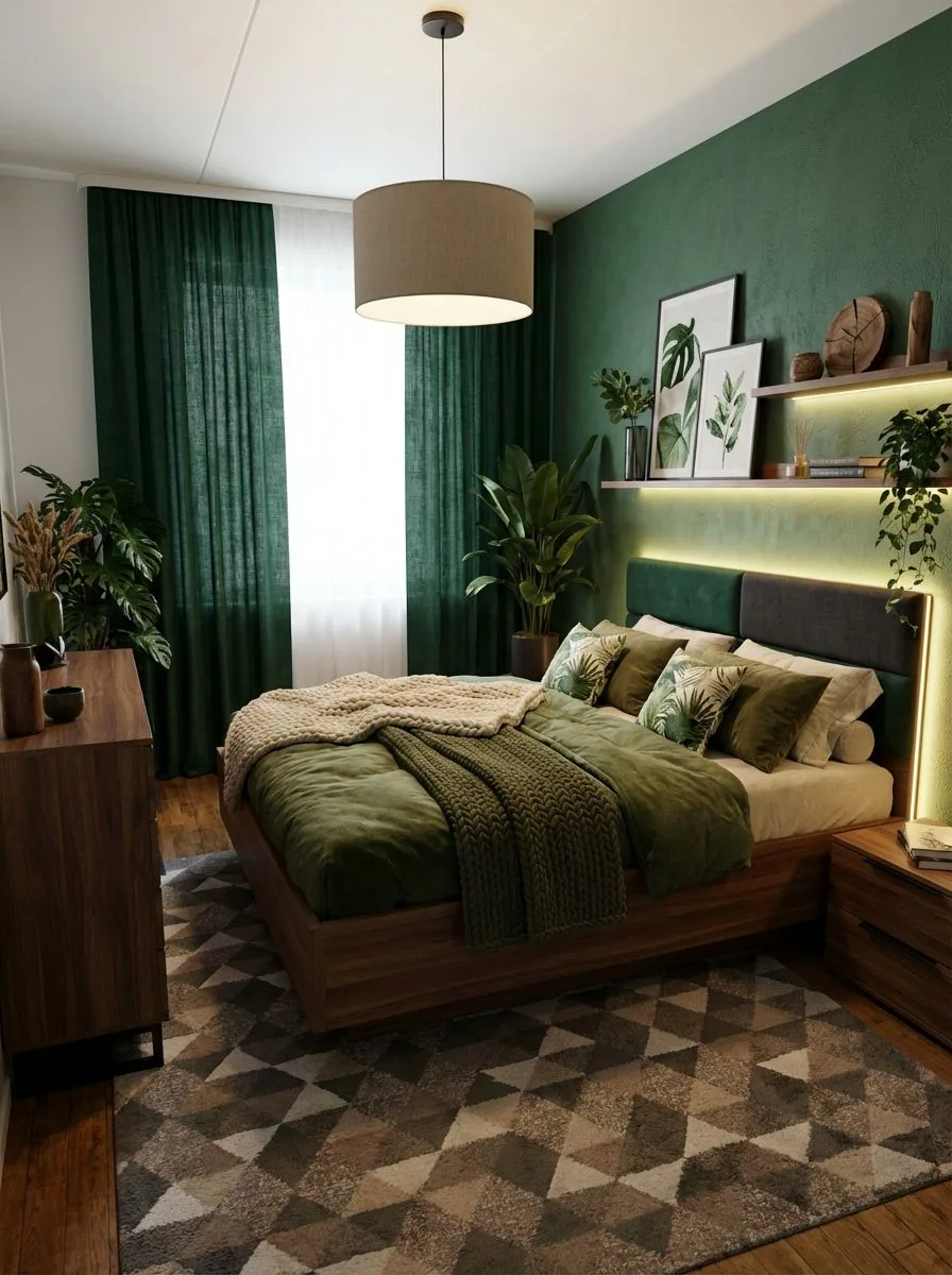 Contemporary bedroom with green textured walls, wood platform bed, olive green bedding, floating shelves, linen drum pendant, photorealistic interior design photography, 8k
