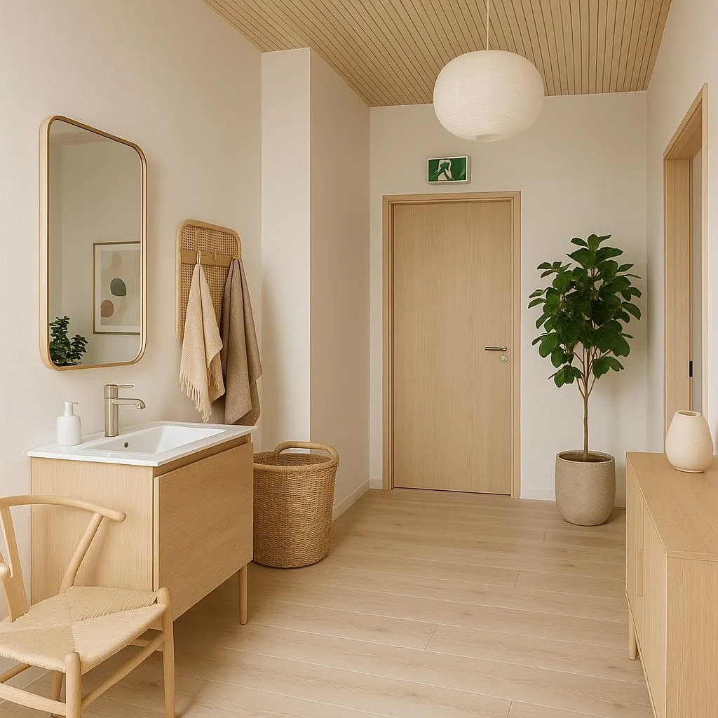 Minimalist Scandinavian bathroom with light wood vanity, woven chair, paper lantern pendant, light wood floors, neutral palette, photorealistic interior design photography, 8k