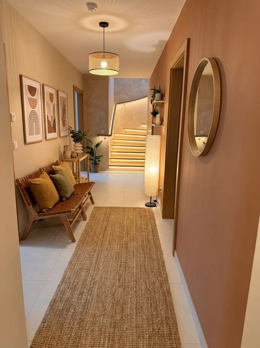 Bohemian modern hallway with woven jute rug, wood bench seating, terracotta accent wall, rattan pendant lamp, illuminated staircase, photorealistic interior design photography, 8k
