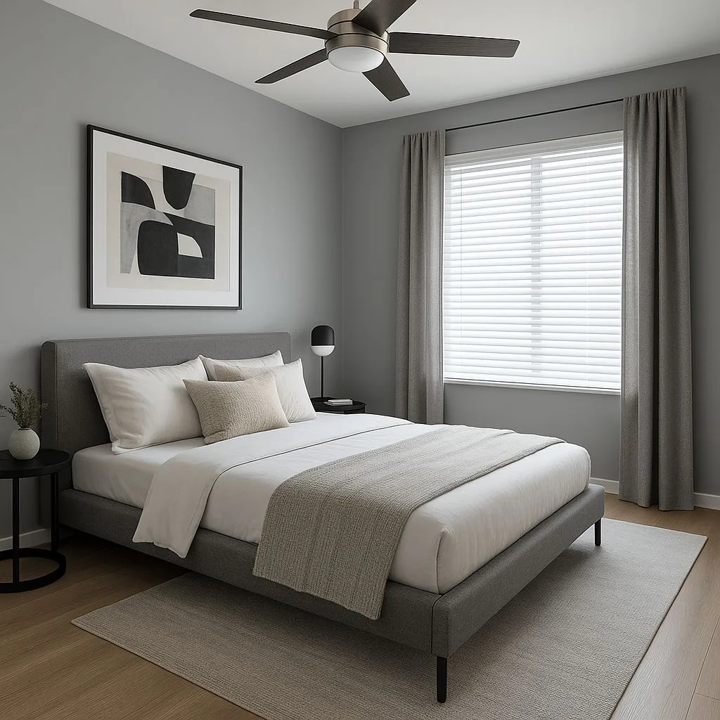 Minimalist contemporary bedroom with gray platform bed, white linen bedding, gray walls, black table lamp, light wood floors, photorealistic interior design photography, 8k