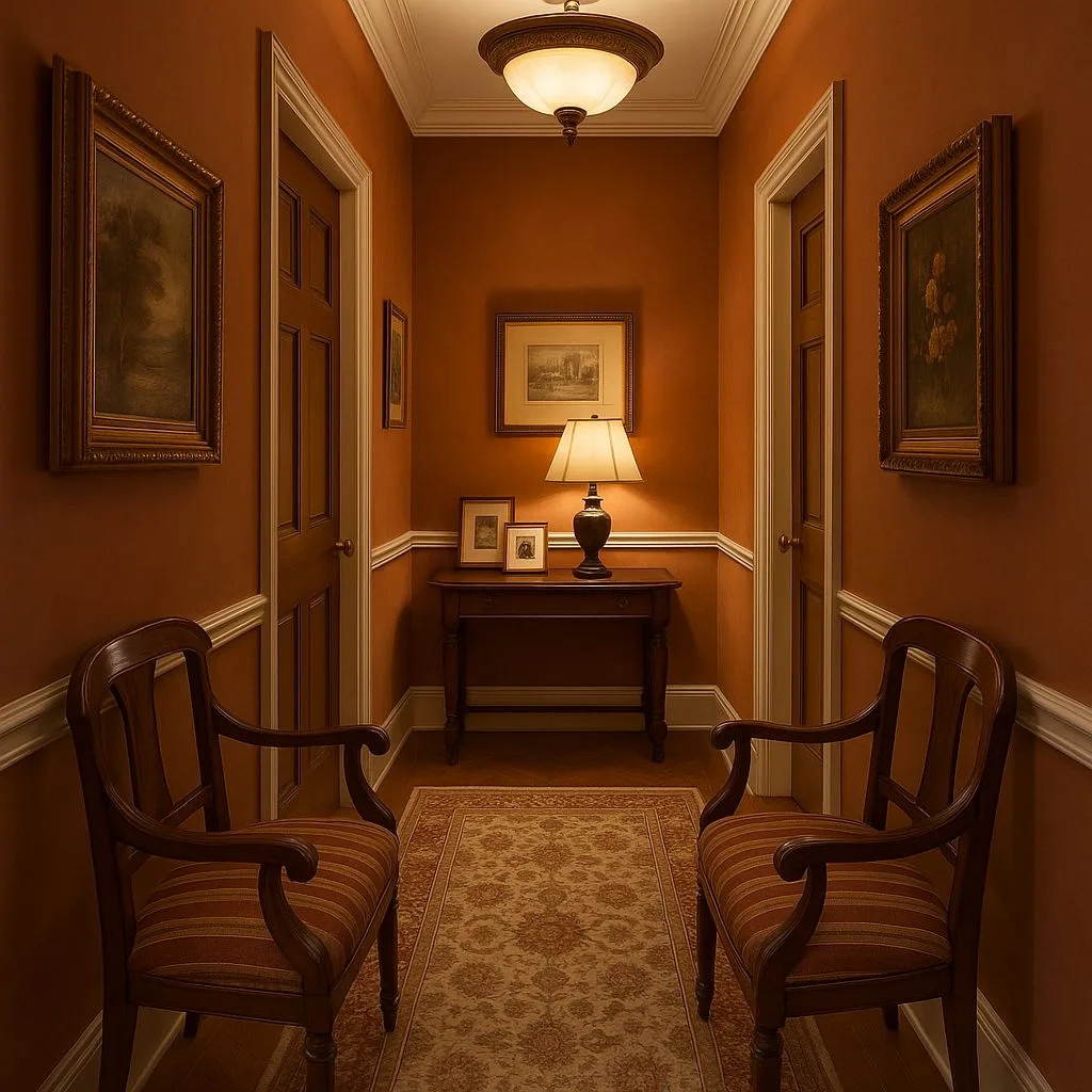 Traditional hallway with terracotta walls, dark wood doors, framed landscape paintings, patterned wool rug, table lamp, photorealistic interior design photography, 8k