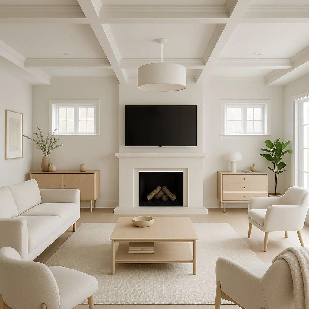 Minimalist living room with white walls, creamy linen sofa, light wood coffee table, white drum pendant, off-white rug, photorealistic interior design photography, 8k
