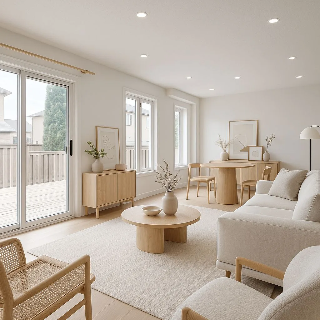 Scandinavian living room with white walls, light oak furniture, linen sofa, woven accent chairs, neutral rug, recessed lighting, photorealistic interior design photography, 8k