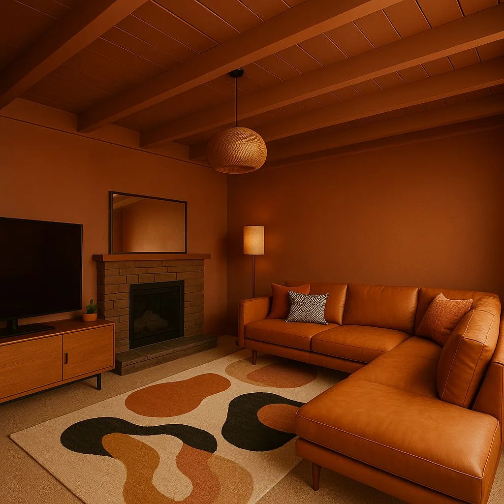 Mid-century modern living room with terracotta walls, exposed wood beam ceiling, brick fireplace, tan leather sectional, abstract rug, photorealistic interior design photography, 8k