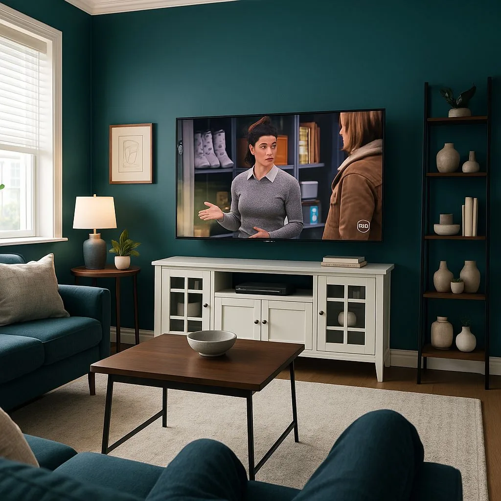 Transitional living room with teal walls, white media console, dark wood coffee table, blue linen sofa, wood shelving, photorealistic interior design photography, 8k