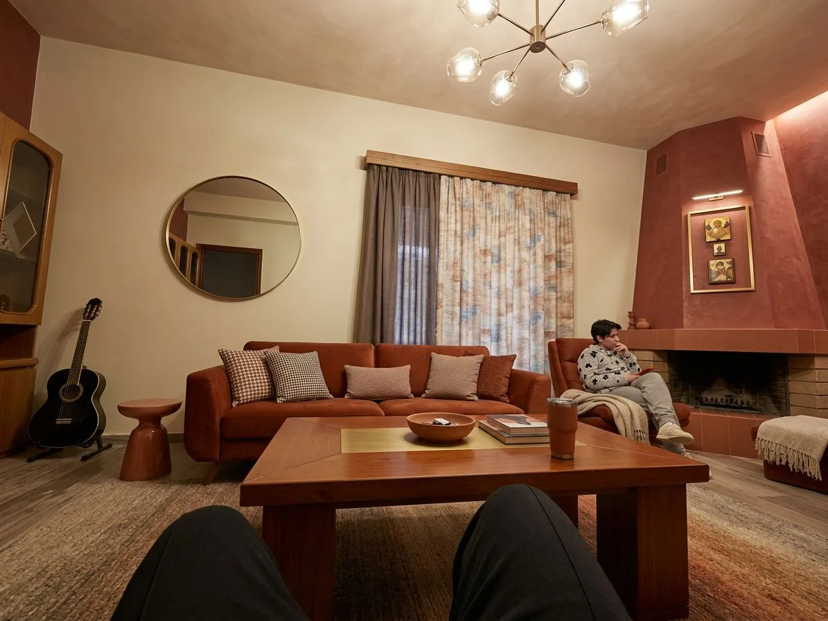 Transitional living room with terracotta fireplace, rust velvet sofa, wood coffee table, patterned curtains, sputnik chandelier, photorealistic interior design photography, 8k