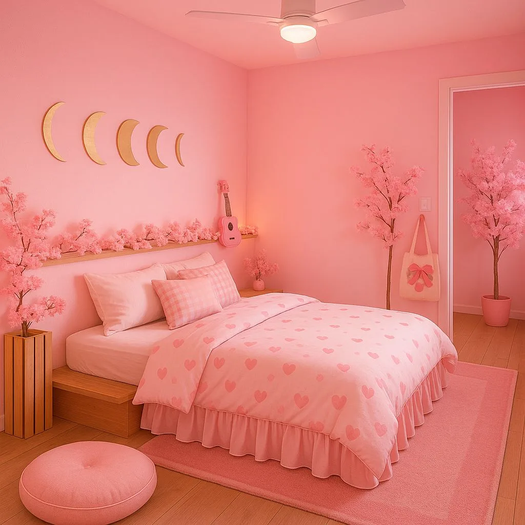 Whimsical pink bedroom with platform bed, heart patterned bedding, moon phase wall decor, cherry blossom accents, soft pink rug, photorealistic interior design photography, 8k