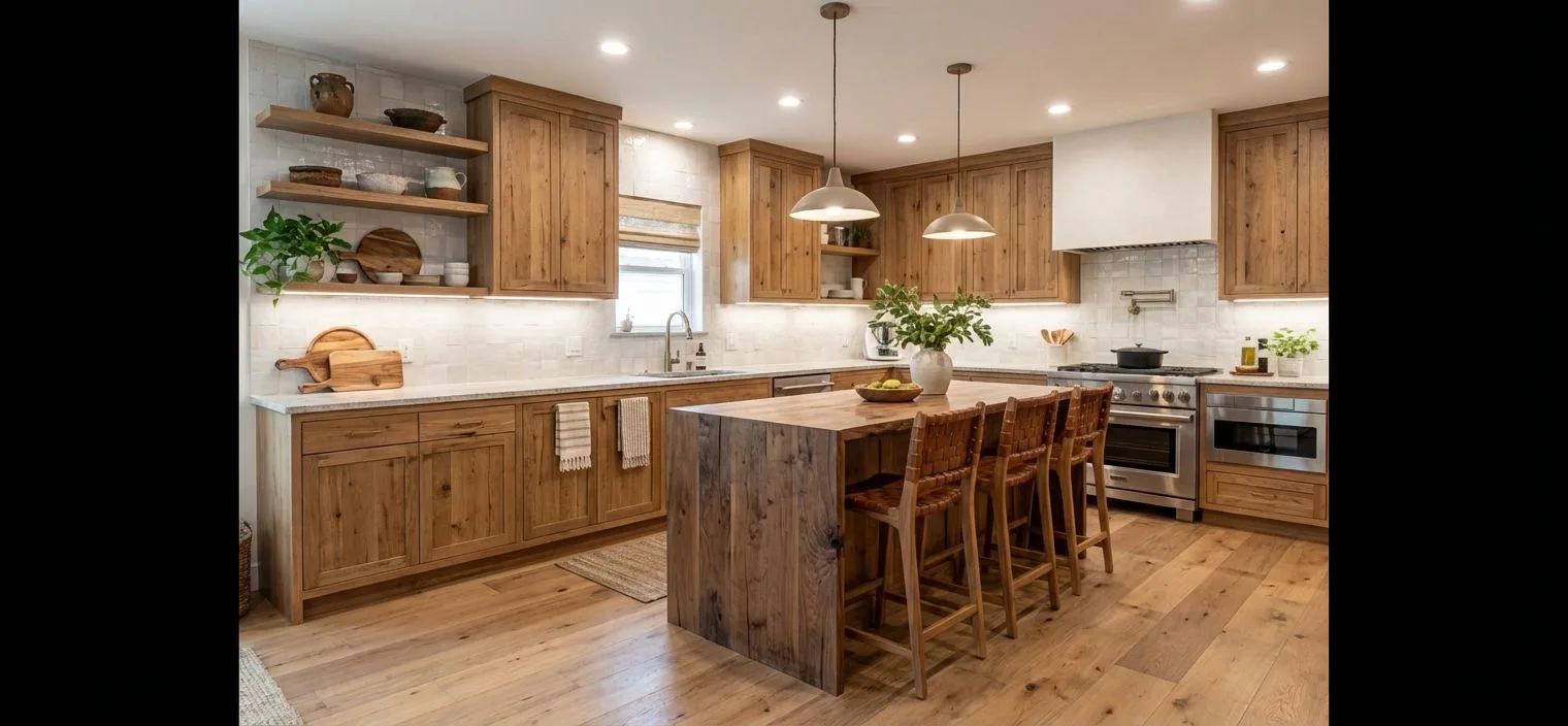 Rustic farmhouse kitchen with light wood cabinets, white tile backsplash, granite countertops, reclaimed wood island, woven barstools, photorealistic interior design photography, 8k