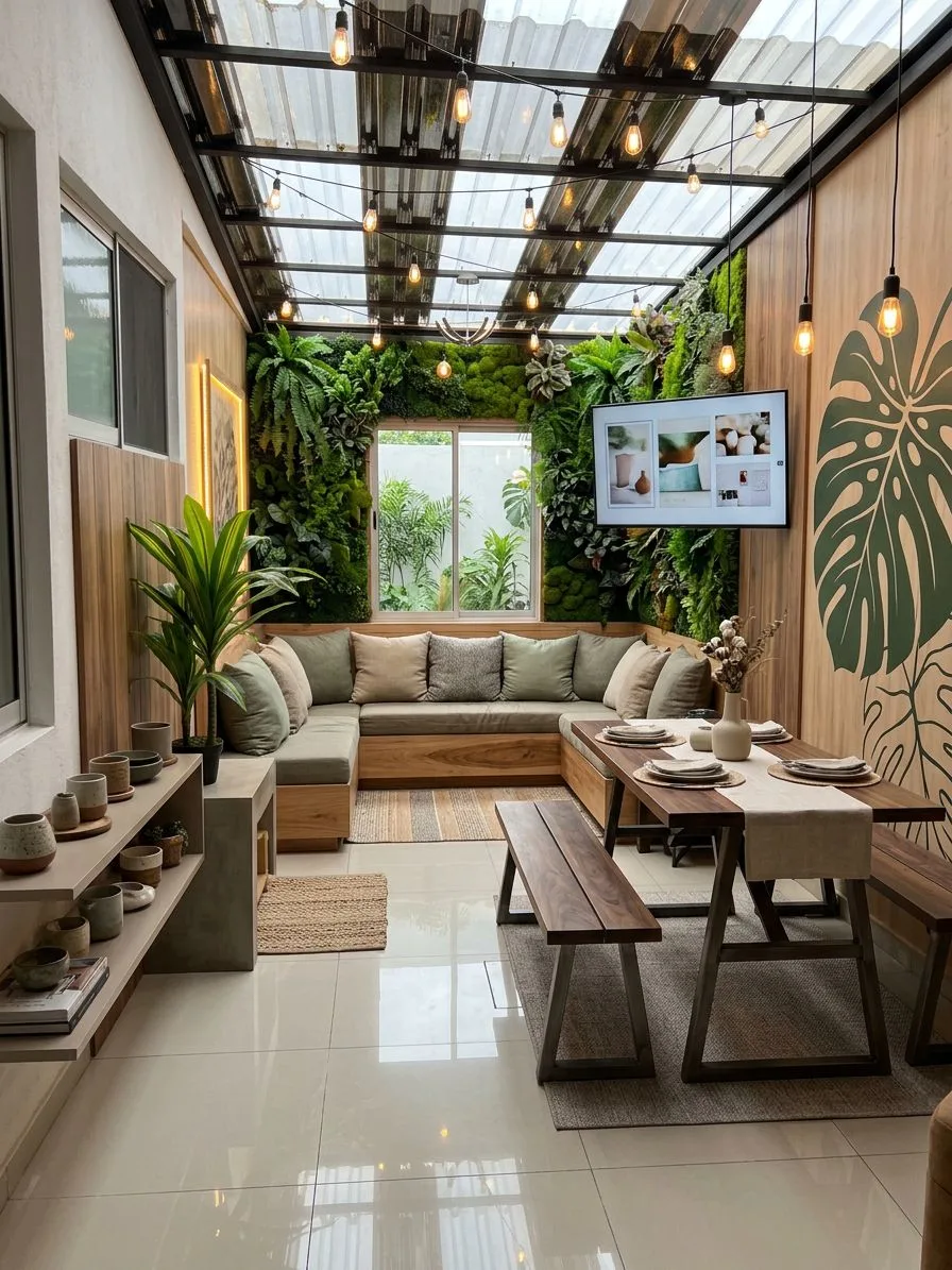 Modern conservatory dining room with living wall, wood paneling, glass roof, string lights, wood dining table, benches, photorealistic interior design photography, 8k