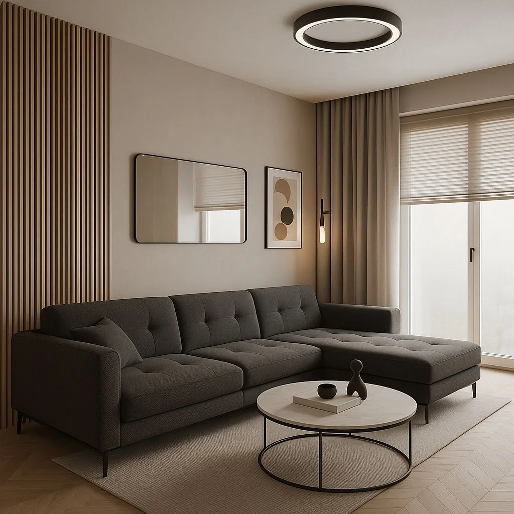 Modern neutral living room with charcoal grey sectional, round marble coffee table, light wood slat wall, herringbone wood floors, photorealistic interior design photography, 8k