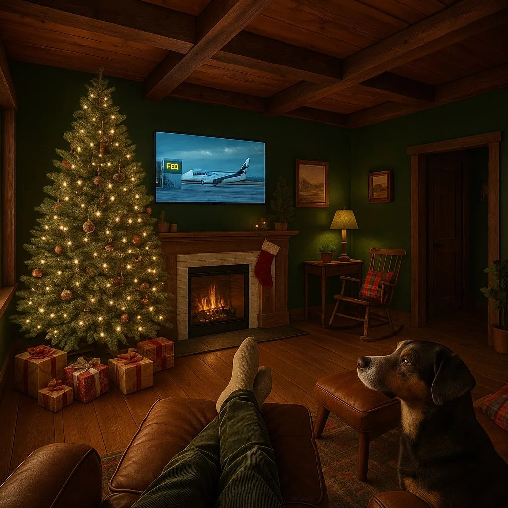 Traditional Christmas living room with dark green walls, wood beam ceiling, fireplace, leather armchair, christmas tree, photorealistic interior design photography, 8k