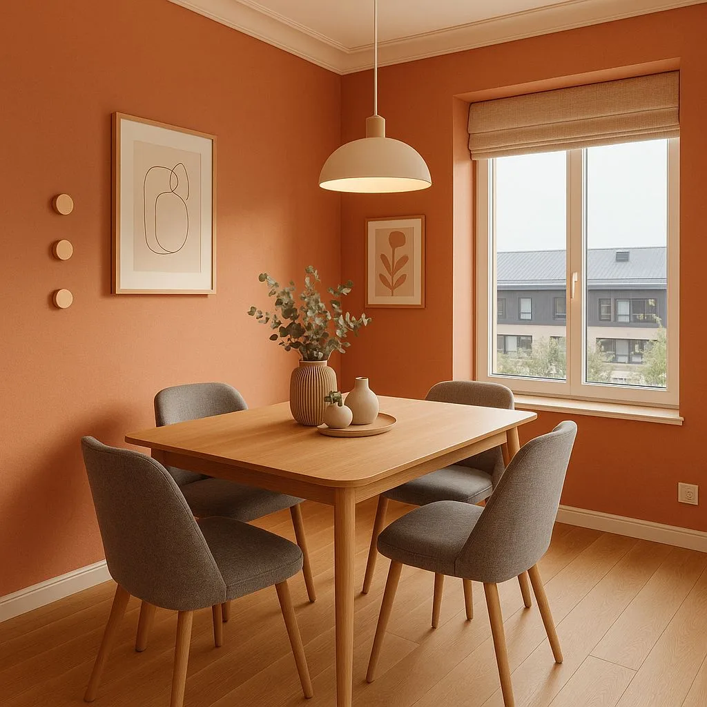 Warm terracotta dining room with light wood floors, simple wood table, grey upholstered chairs, minimalist artwork, white dome pendant, photorealistic interior design photography, 8k