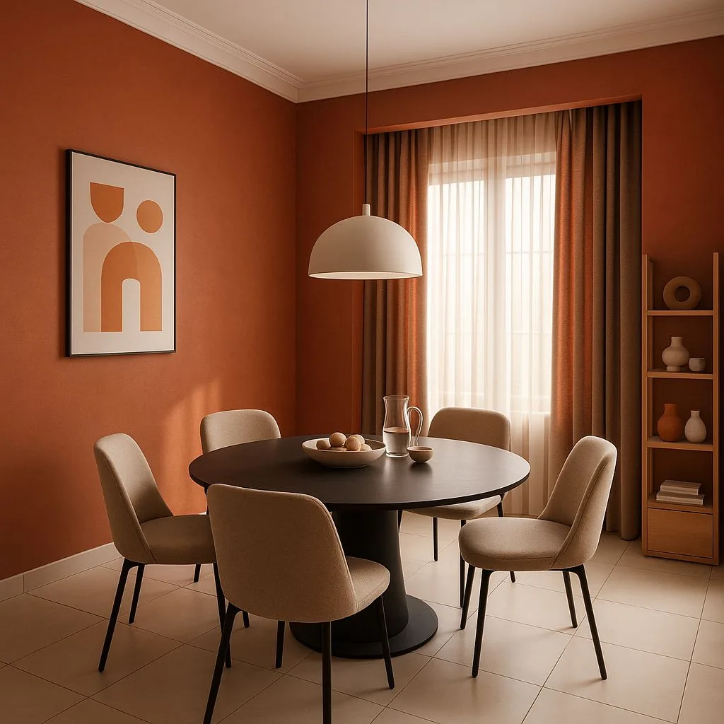 Minimalist dining room with terracotta walls, round black table, beige linen chairs, light wood shelving, dome pendant, photorealistic interior design photography, 8k