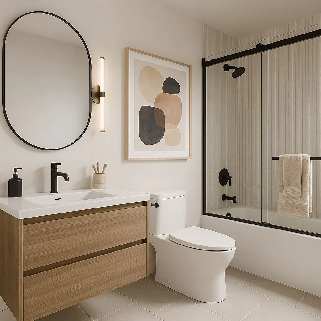 Modern bathroom with light oak vanity, black fixtures, oval mirror, neutral abstract art, white subway tile, photorealistic interior design photography, 8k