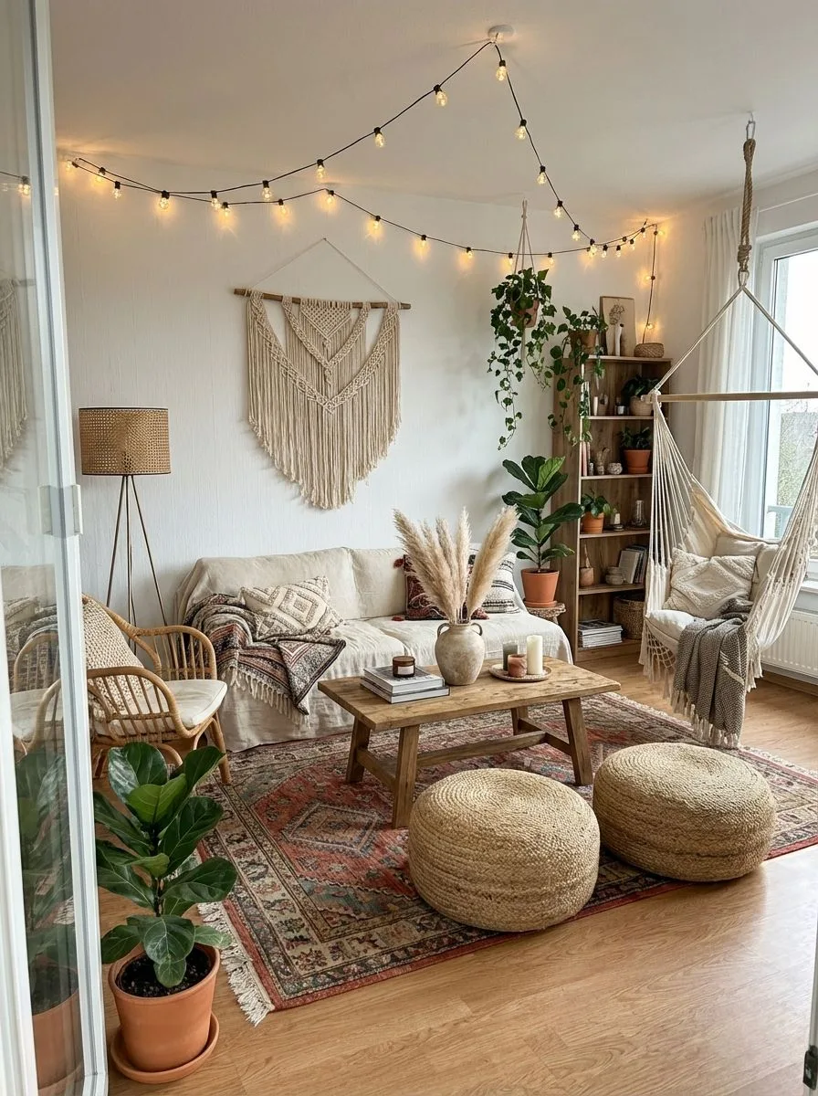 Bohemian living room with beige linen sofa, macrame wall hanging, jute poufs, vintage rug, reclaimed wood coffee table, string lights, photorealistic interior design photography, 8k