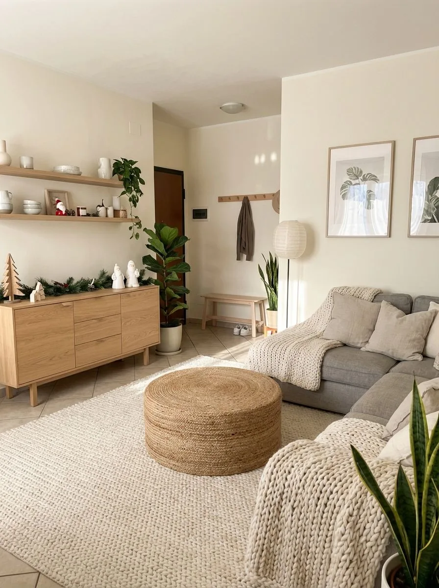 Scandinavian living room with grey sectional, chunky knit throw, jute pouf ottoman, light oak sideboard, floating shelves, potted plants, photorealistic interior design photography, 8k