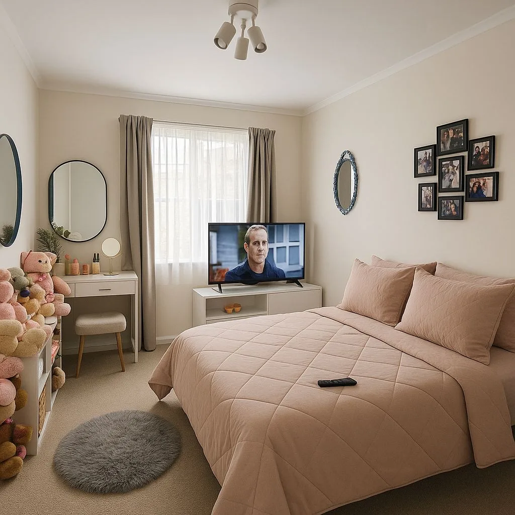 Transitional bedroom with blush pink quilt, beige carpet, white desk, oval mirrors, gray curtains, recessed lighting, photorealistic interior design photography, 8k