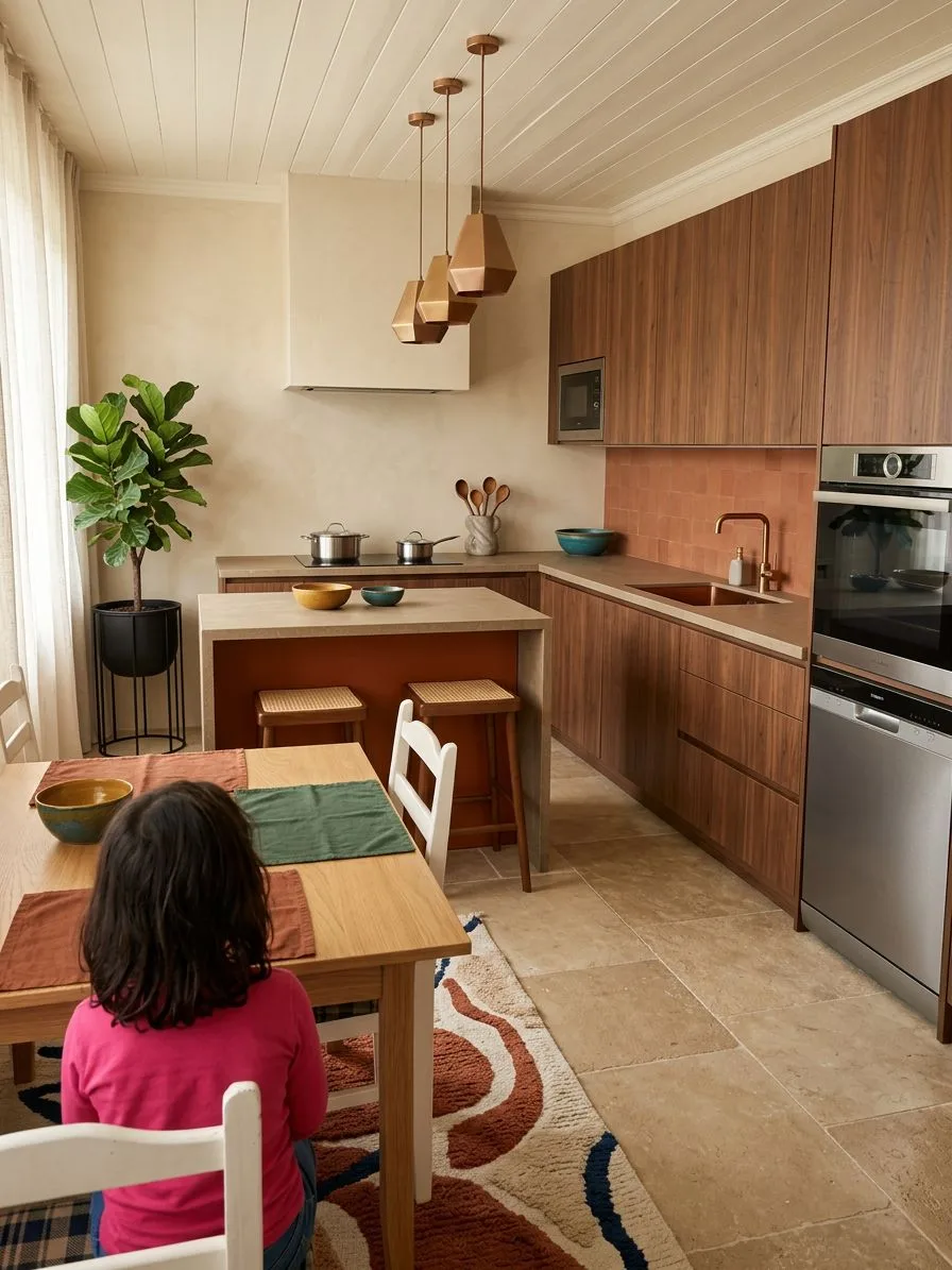 Modern warm kitchen with walnut cabinets, terracotta tile backsplash, travertine floors, wood dining table, copper pendants, photorealistic interior design photography, 8k