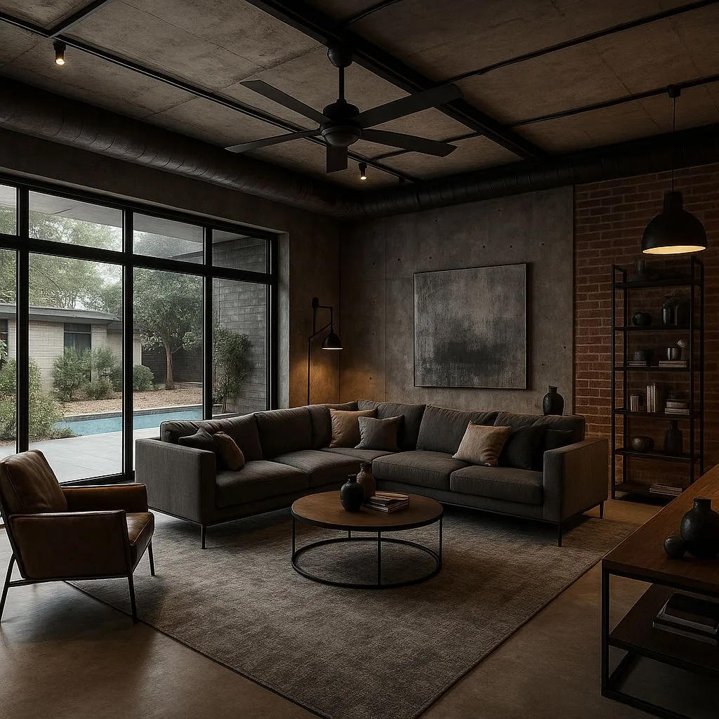 Modern industrial living room with concrete ceiling, exposed brick, grey sectional, leather armchair, black shelving, photorealistic interior design photography, 8k