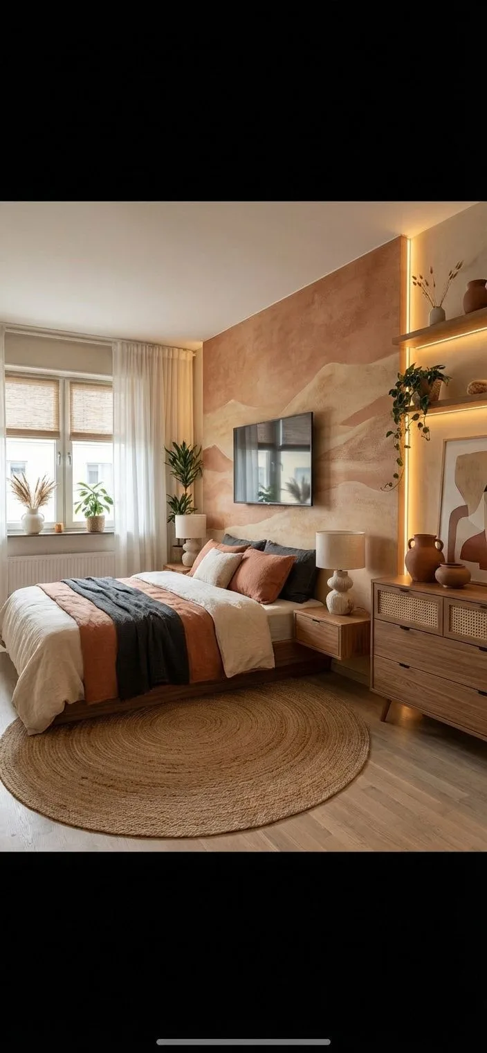 Warm bohemian bedroom with desert mural, natural wood furniture, jute rug, linen bedding in terracotta, grey, bedside lamps, shelf LEDs, photorealistic interior design photography, 8k