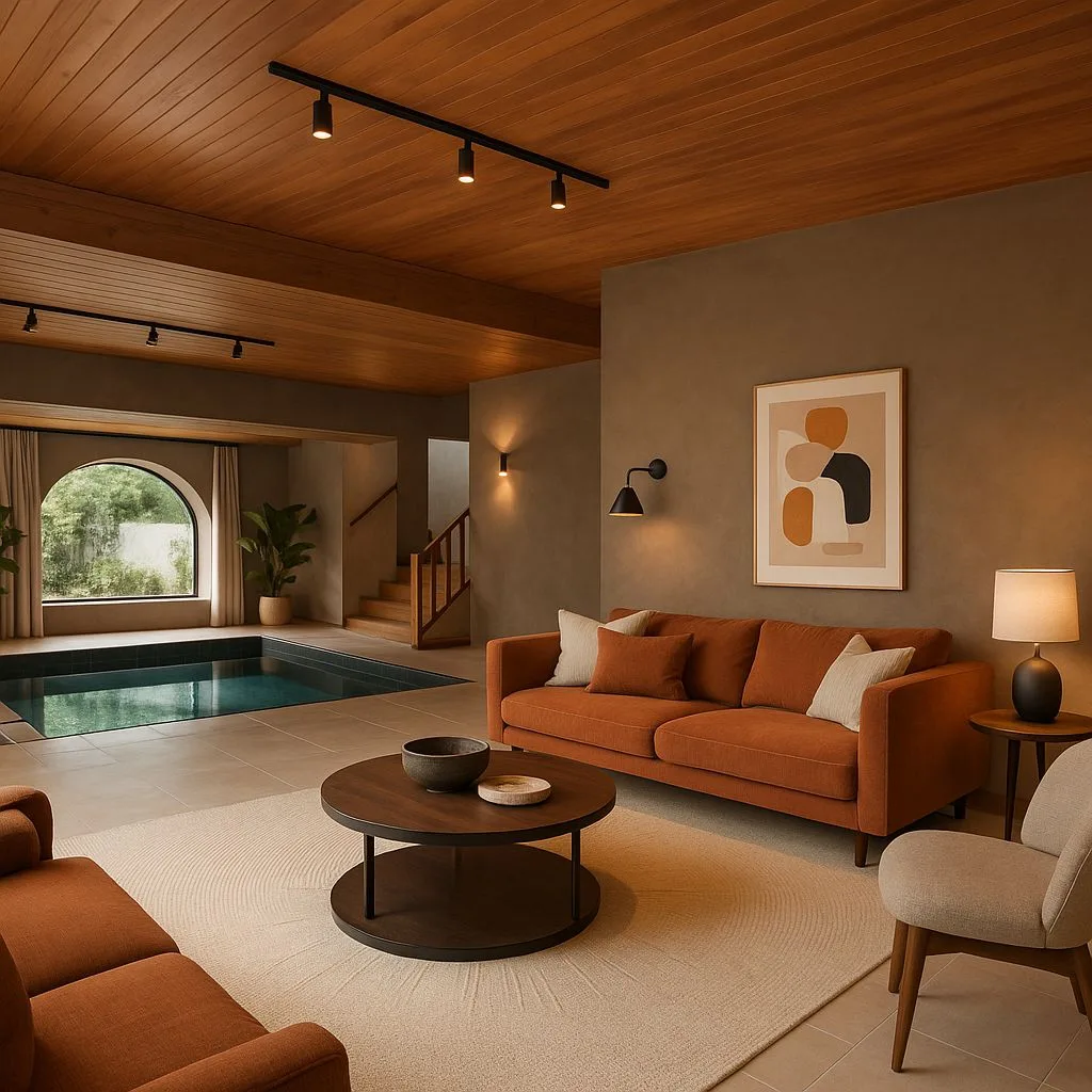 Mid-century modern living room with indoor pool, warm gray walls, wood plank ceiling, rust colored sofas, round wood coffee table, photorealistic interior design photography, 8k