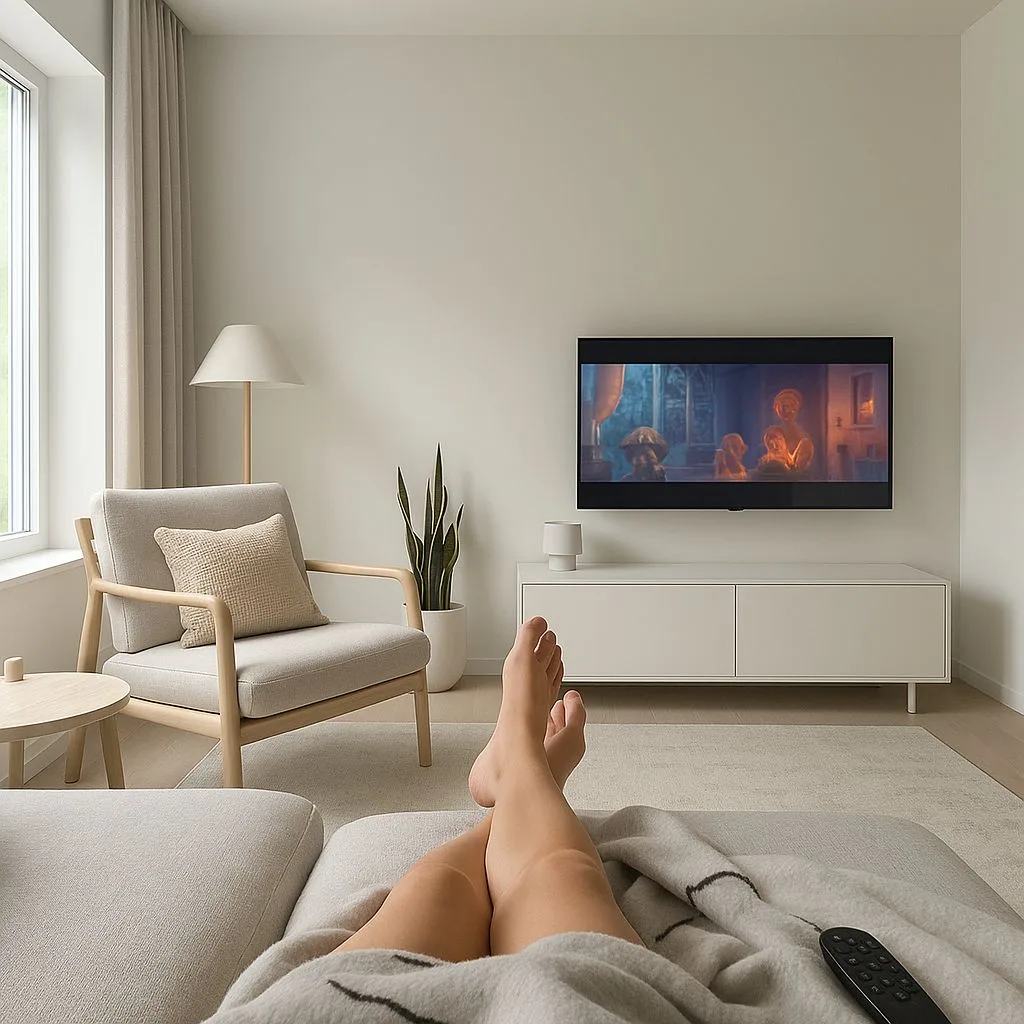 Scandinavian living room with light grey sofa, wood frame chair, white media console, snake plant, beige rug, photorealistic interior design photography, 8k