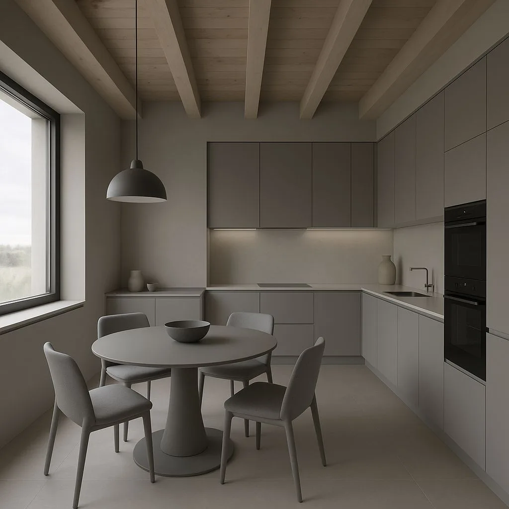 Modern minimalist kitchen with warm grey cabinets, light wood beamed ceiling, round grey table, grey chairs, under cabinet lighting, photorealistic interior design photography, 8k