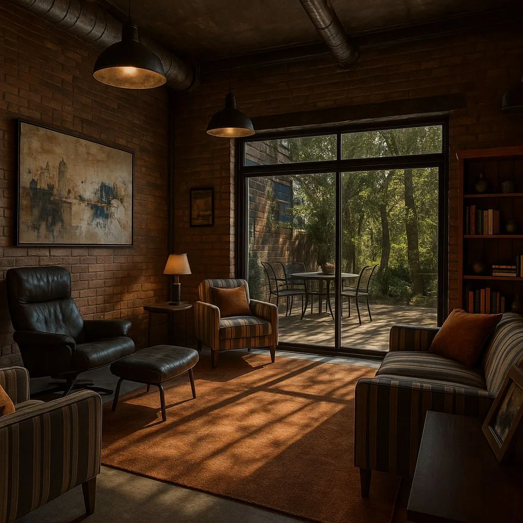 Rustic industrial living room with exposed brick wall, black metal pendants, striped linen sofa, leather armchair, terracotta rug, photorealistic interior design photography, 8k