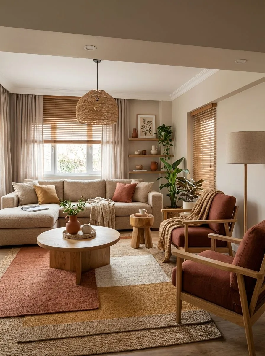 Neutral bohemian living room with beige linen sectional, rust pillows, woven pendant, wood coffee table, layered jute rug, photorealistic interior design photography, 8k