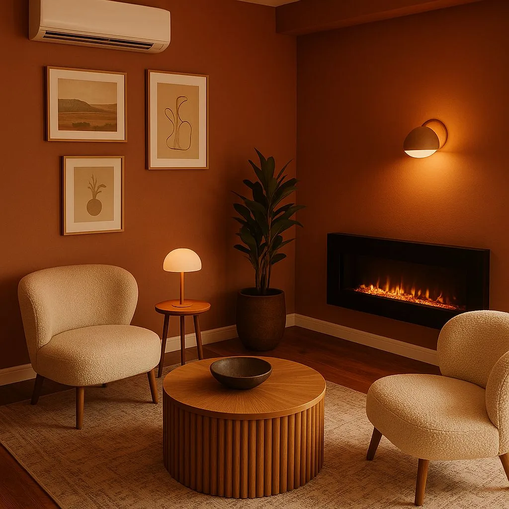 Mid-century modern living room with terracotta walls, fluted wood coffee table, cream boucle armchairs, black fireplace, minimalist sconce, photorealistic interior design photography, 8k