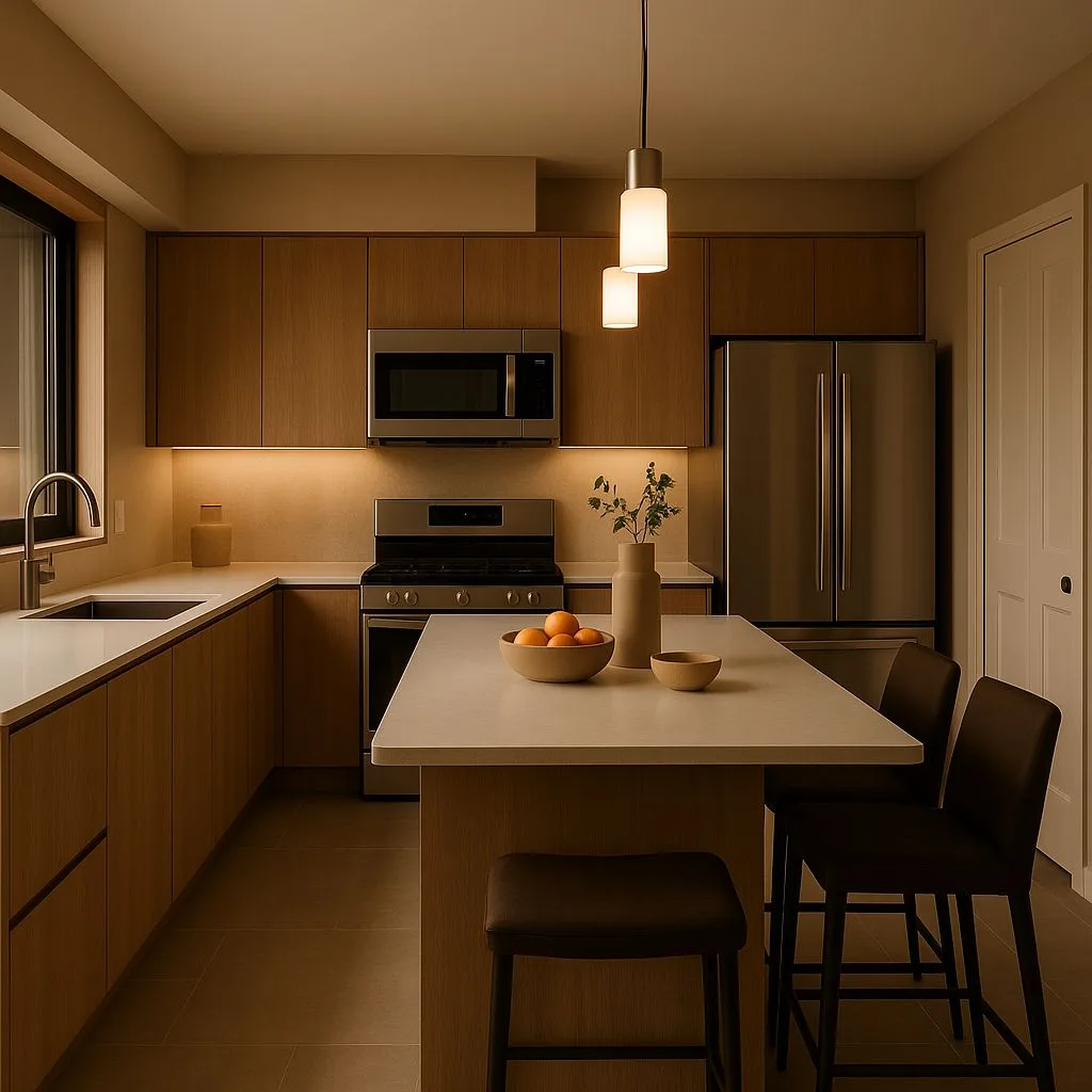 Minimalist kitchen with light wood cabinets, white quartz countertop, stainless steel appliances, brown leather stools, cylinder pendant lights, photorealistic interior design photography, 8k
