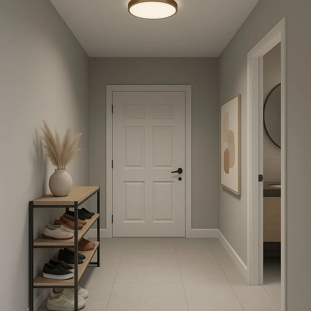 Modern minimalist entryway with light gray walls, white door, black hardware, wood and metal shoe rack, recessed lighting, photorealistic interior design photography, 8k