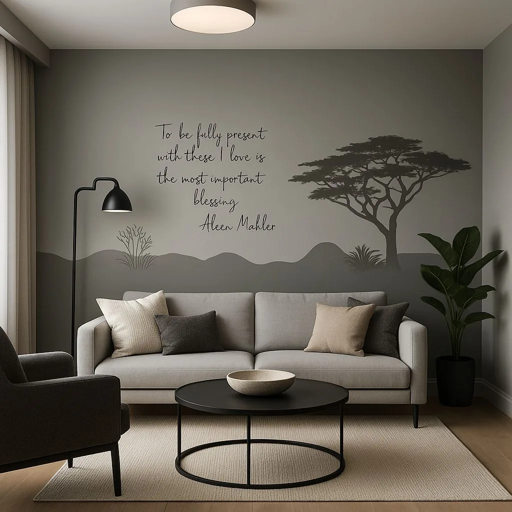 Modern neutral living room with light grey walls, fabric sofa, black metal coffee table, beige rug, black floor lamp, photorealistic interior design photography, 8k