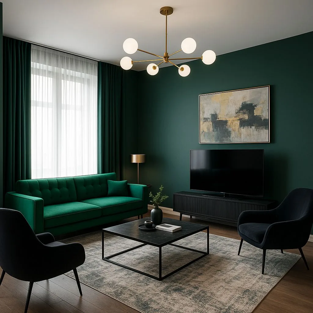 Moody living room with dark green walls, emerald velvet sofa, black accent chairs, black media console, brass sputnik chandelier, photorealistic interior design photography, 8k