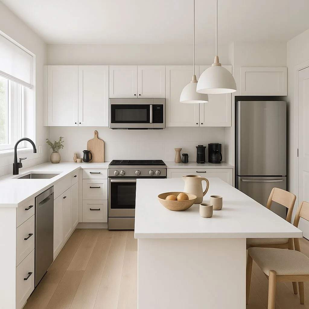 Minimalist kitchen with white cabinets, quartz countertop, stainless steel appliances, light wood floors, dome pendants, photorealistic interior design photography, 8k