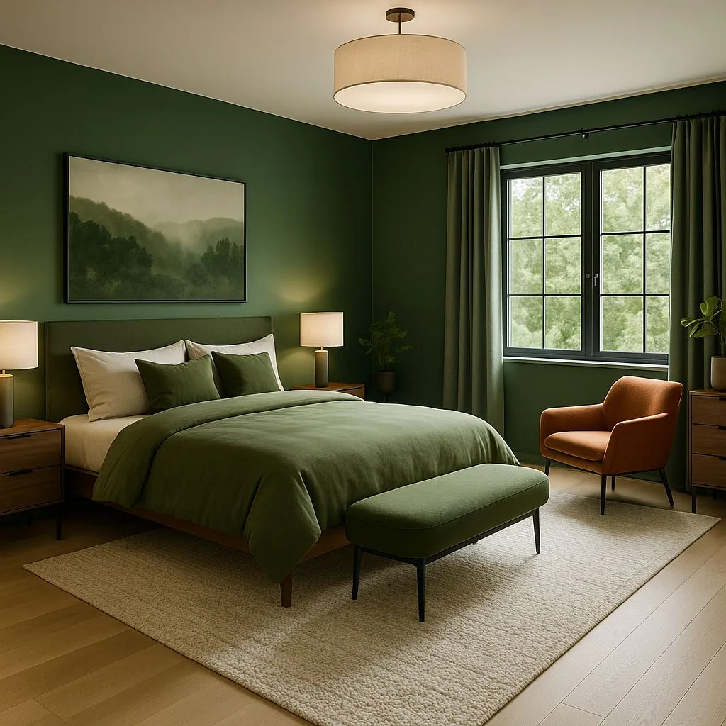 Modern bedroom with forest green walls, linen bedding, wood floors, orange armchair, drum pendant, photorealistic interior design photography, 8k