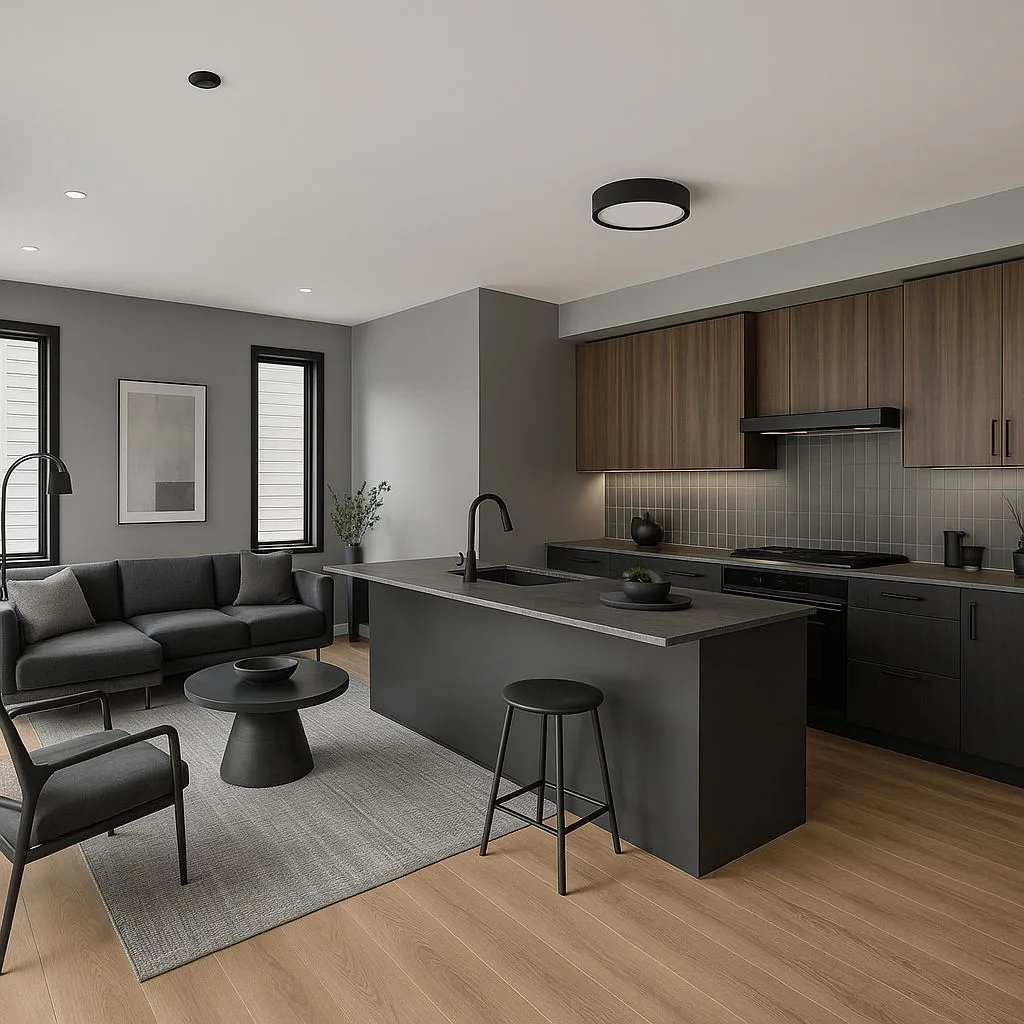 Modern open concept living room and kitchen with dark gray walls, wood cabinets, black accents, hardwood floors, gray rug, photorealistic interior design photography, 8k