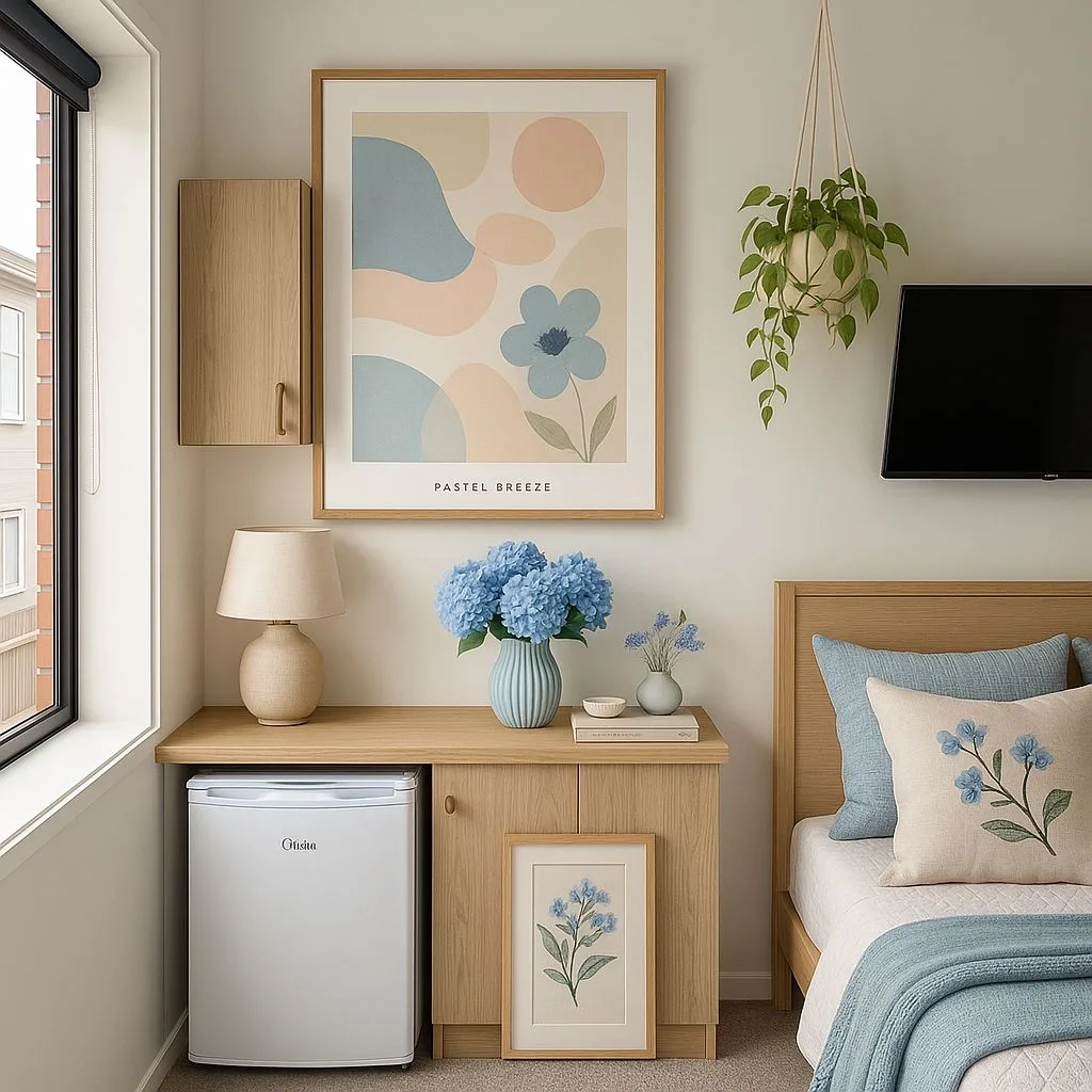 Scandinavian bedroom with light wood bed, blue floral pillows, pastel abstract art, hanging pothos plant, beige walls, photorealistic interior design photography, 8k