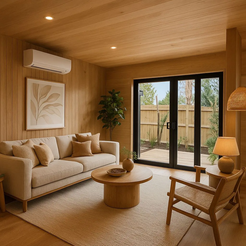 Warm modern living room with light wood paneling, beige linen sofa, round wood coffee table, woven jute rug, rattan pendant, photorealistic interior design photography, 8k