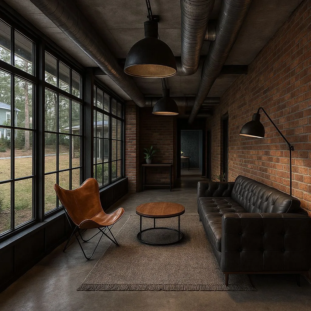 Industrial sunroom with exposed brick walls, concrete floors, black leather sofa, brown leather chair, black pendant lights, photorealistic interior design photography, 8k