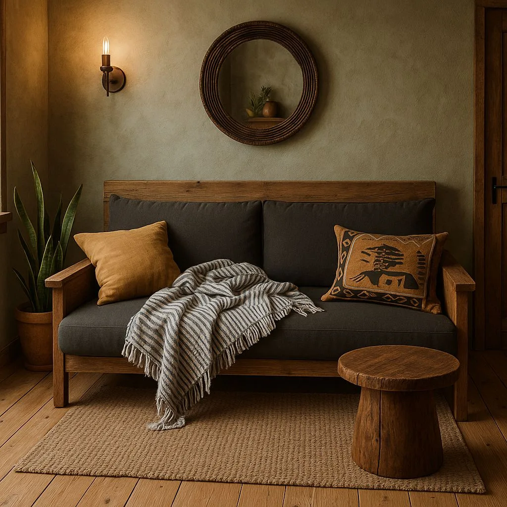 Rustic living room with olive green walls, wood frame sofa, woven rug, round wood side table, ethnic print pillows, photorealistic interior design photography, 8k