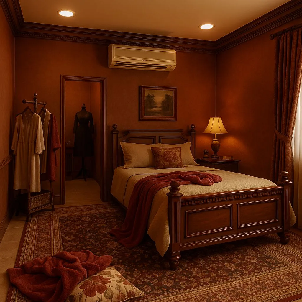 Traditional terracotta bedroom with dark wood bed, beige linen bedding, patterned rug, warm lamp, dark wood trim, photorealistic interior design photography, 8k