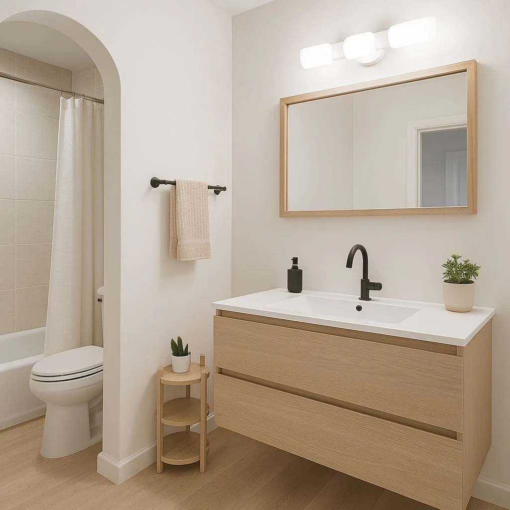 Minimalist modern bathroom with light wood vanity, white countertop, matte black faucet, light wood floors, arched doorway, photorealistic interior design photography, 8k