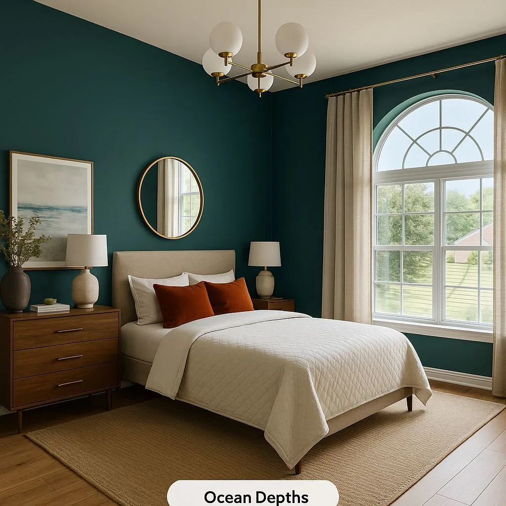 Transitional bedroom with teal walls, light wood floors, linen bedding, rust pillows, brass chandelier, arched window, photorealistic interior design photography, 8k