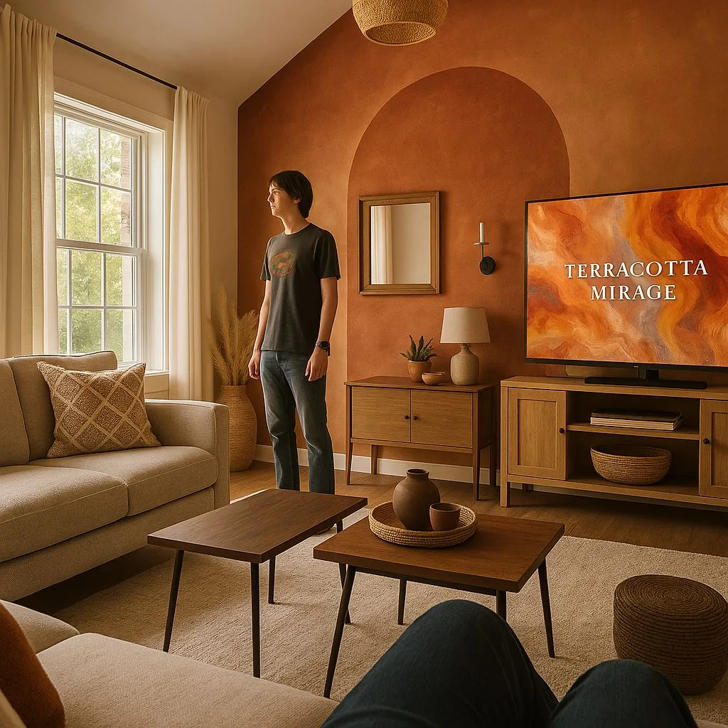 Transitional living room with terracotta accent wall, light beige sofa, wood media console, dark wood coffee tables, woven pendant, photorealistic interior design photography, 8k