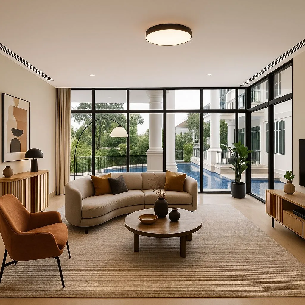 Minimalist living room with beige curved sofa, round wood table, tan area rug, black floor lamp, floor-to-ceiling windows, photorealistic interior design photography, 8k